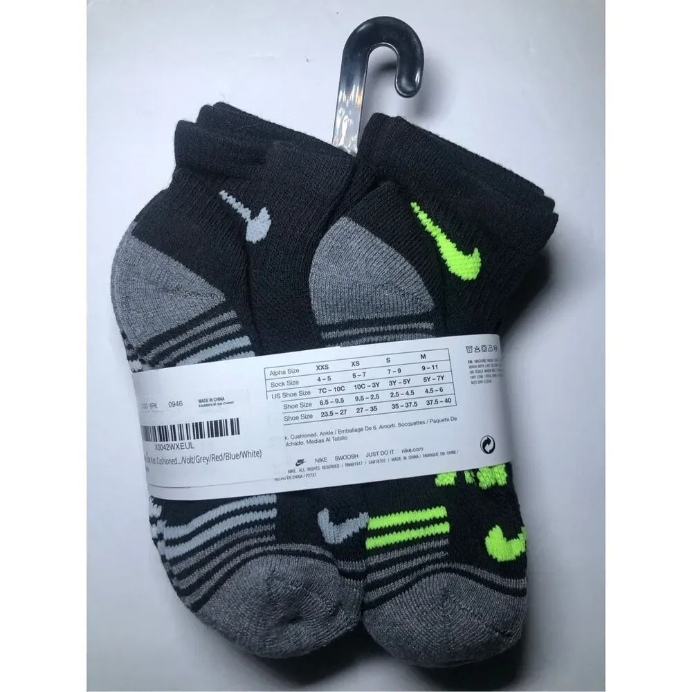 Nike Kids Cushioned Ankle Socks Size 5-7/ Shoe 10C-3Y  6 pack